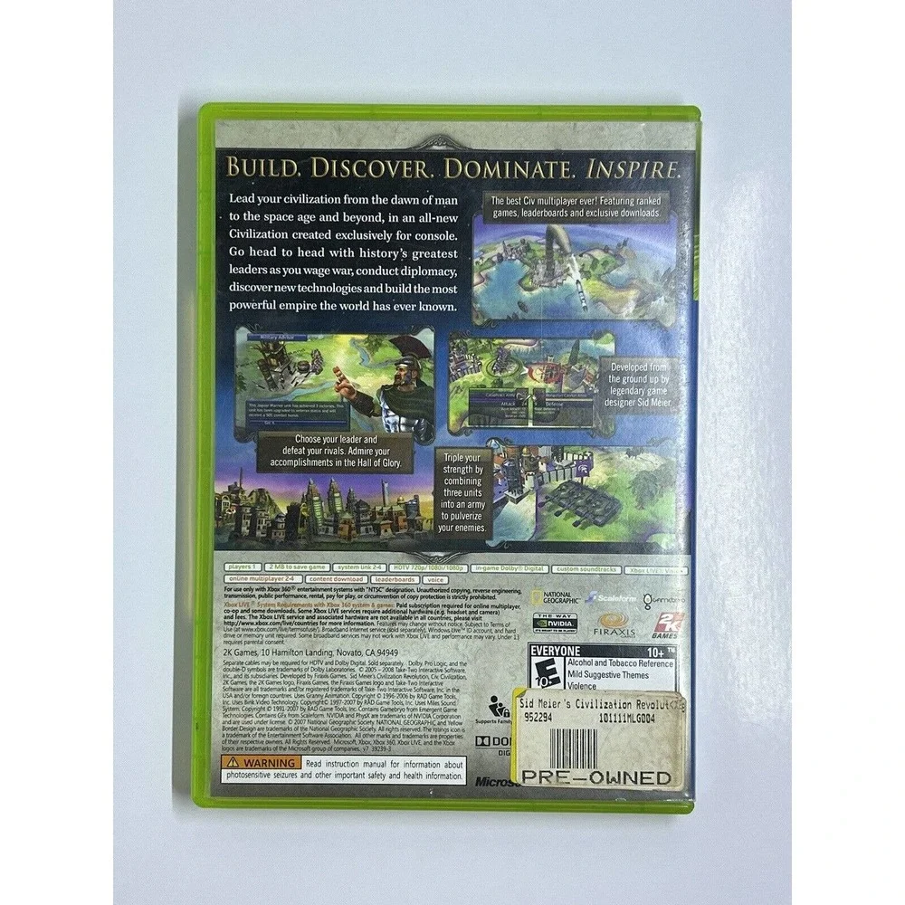 Xbox 360 SID MIERS CIVILIZATION REVOLUTION Microsoft COMPLETE